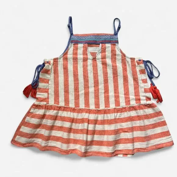 Coral and White Striped Babydoll top with Blue Detailing and Side Ties (Size S) - Picture 6 of 7